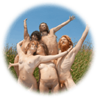 nude group photo group hug with arms in the air