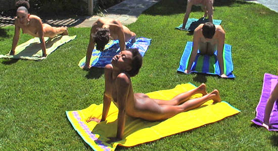 naked yoga on the lawn